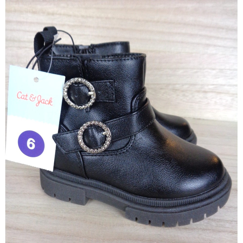 Cat & Jack Toddler Girls Evie Ankle Boots Size 6 Black Faux Leather Buckles Zip‎